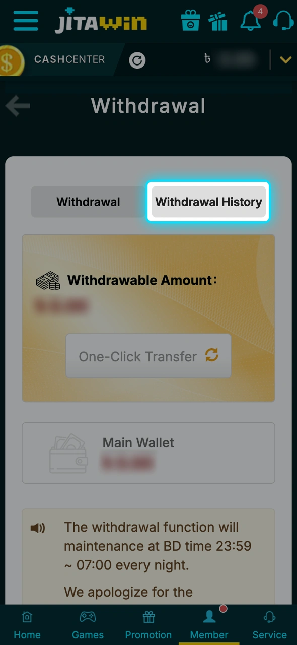 Track your withdrawal status in the JitaWin transaction history section.